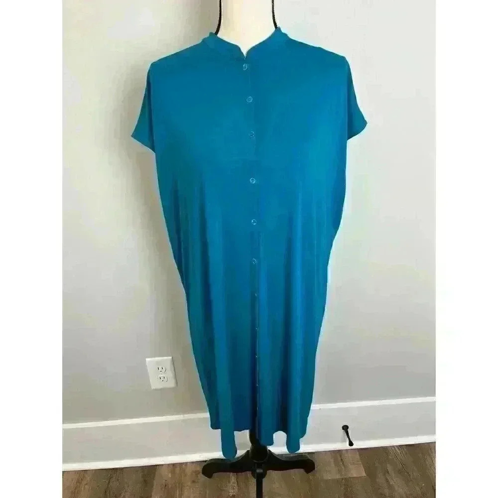 Eileen Fisher Shirt Dress Women's SP Jersey Soft Stretch Buttons Mandarin Collar